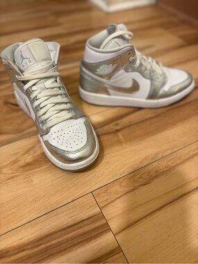 Jordan Women’s High-Top Sneakers — White and Metallic Silver